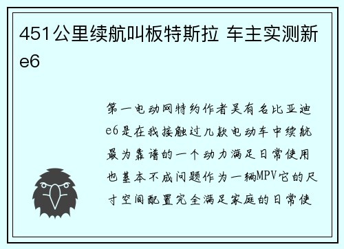 451公里续航叫板特斯拉 车主实测新e6