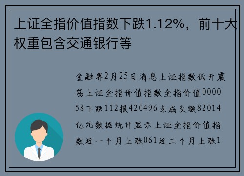 上证全指价值指数下跌1.12%，前十大权重包含交通银行等